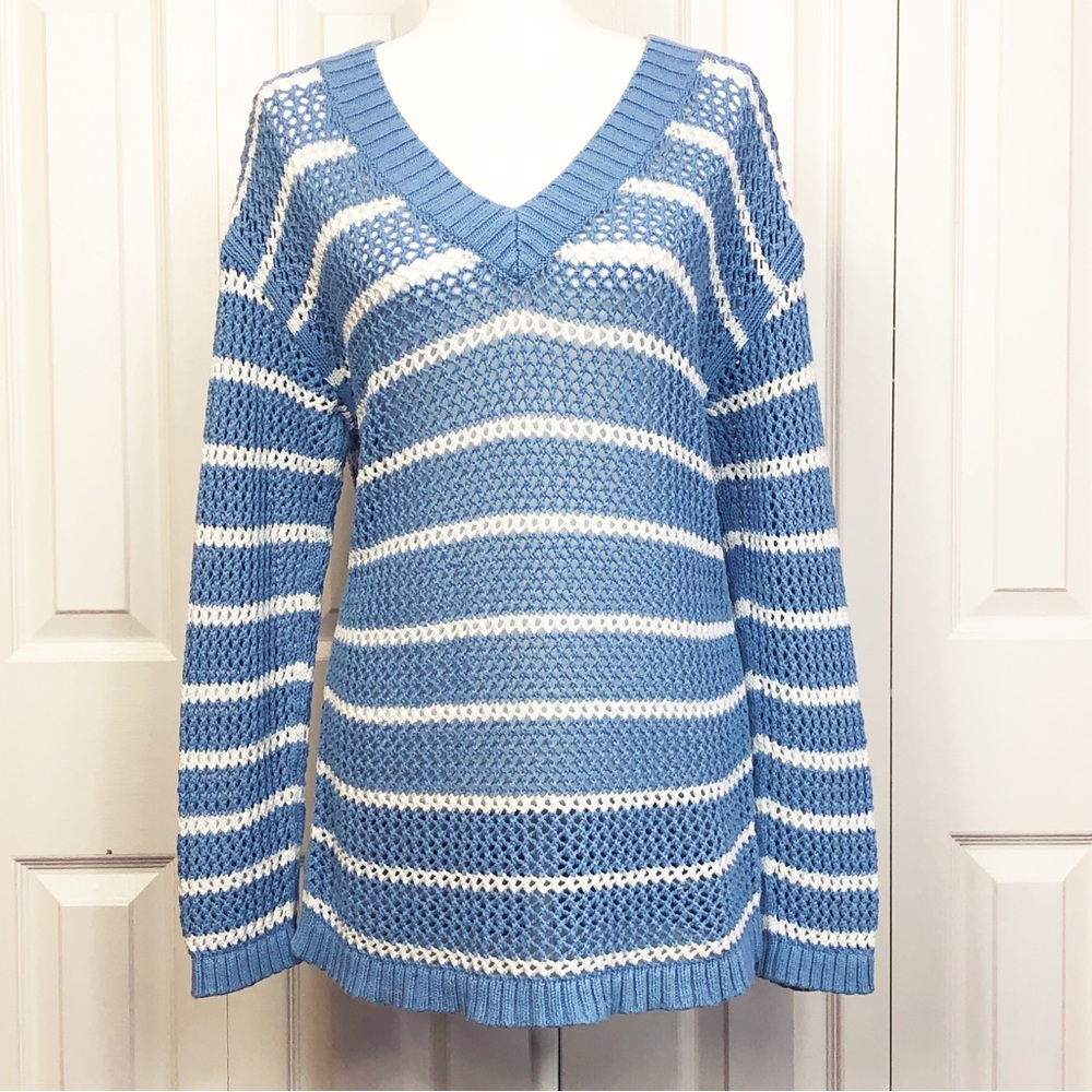 Talbots Blue & White Stripe Open Stitch Knit V-Neck Sweater Large